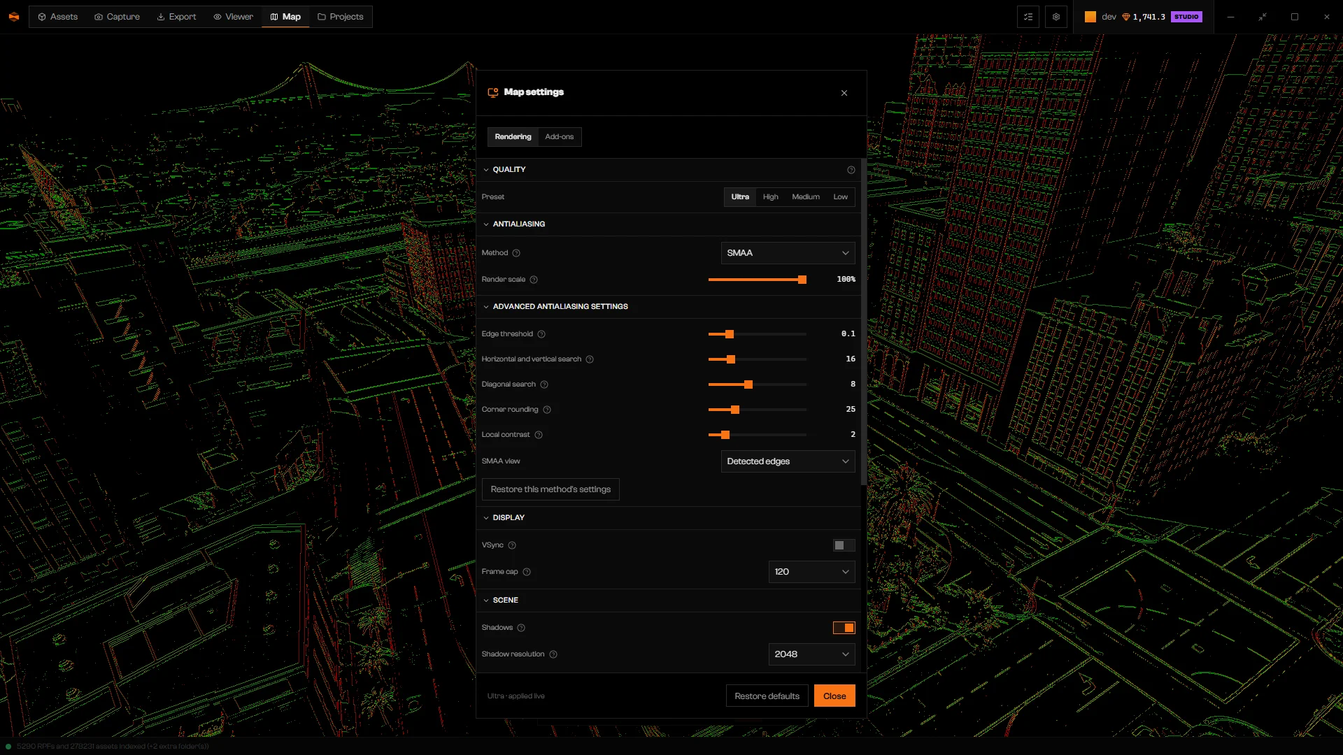 Antialiasing section with Method set to SMAA, advanced edge settings, and the view showing detected edges