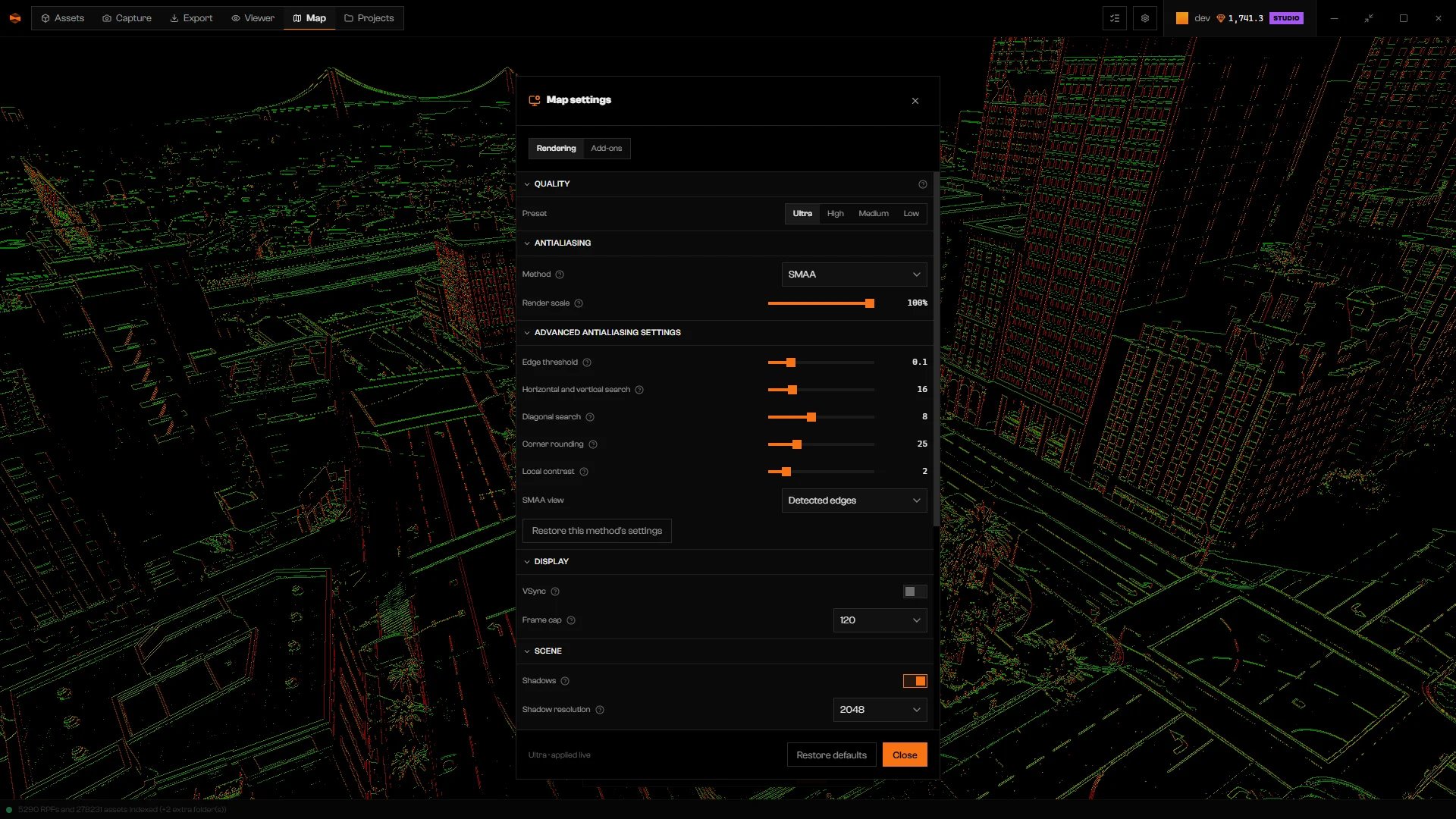 Antialiasing section with Method set to SMAA, advanced edge settings, and the view showing detected edges