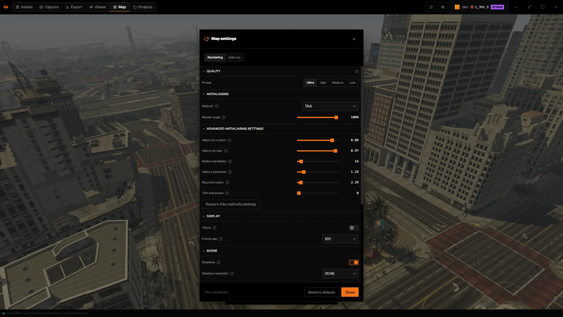 Antialiasing section with Method set to TAA and the advanced history, reconstruction, and sharpness sliders