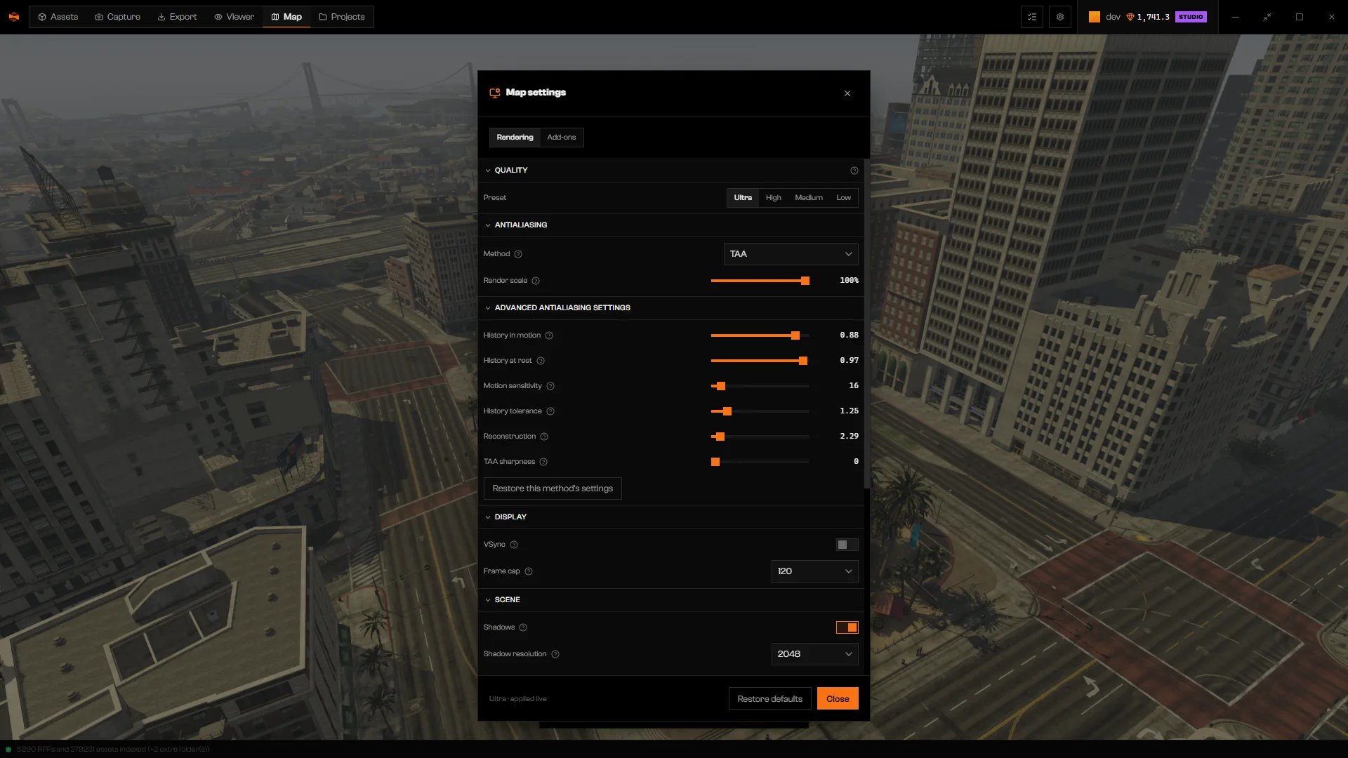 Antialiasing section with Method set to TAA and the advanced history, reconstruction, and sharpness sliders