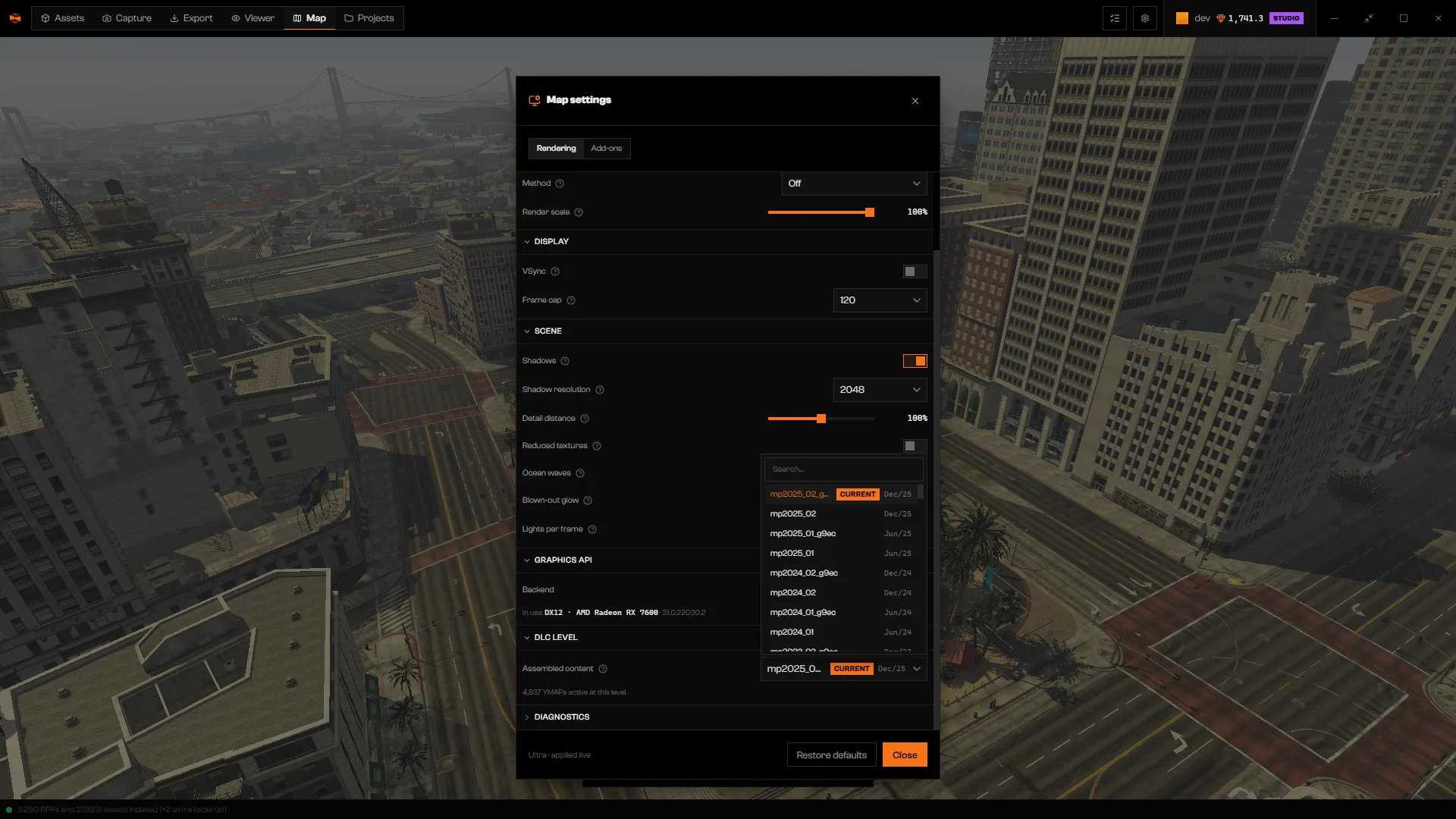 Map settings with the Assembled content list open, showing package names, release months, and one marked Current