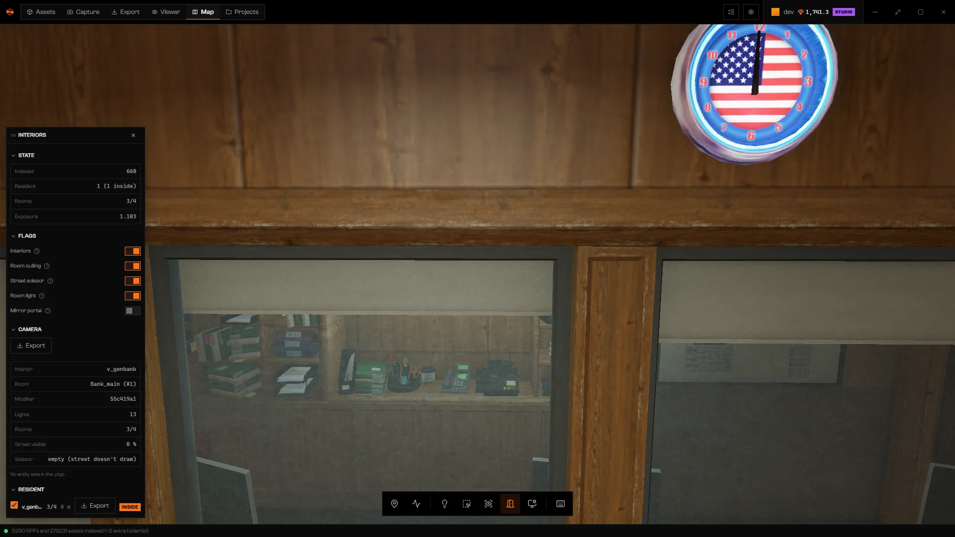 Interiors panel scrolled to Flags, Camera, and Resident, with an Export button for the interior, a note that the .ytyp has no entity sets, and Scissor reading empty