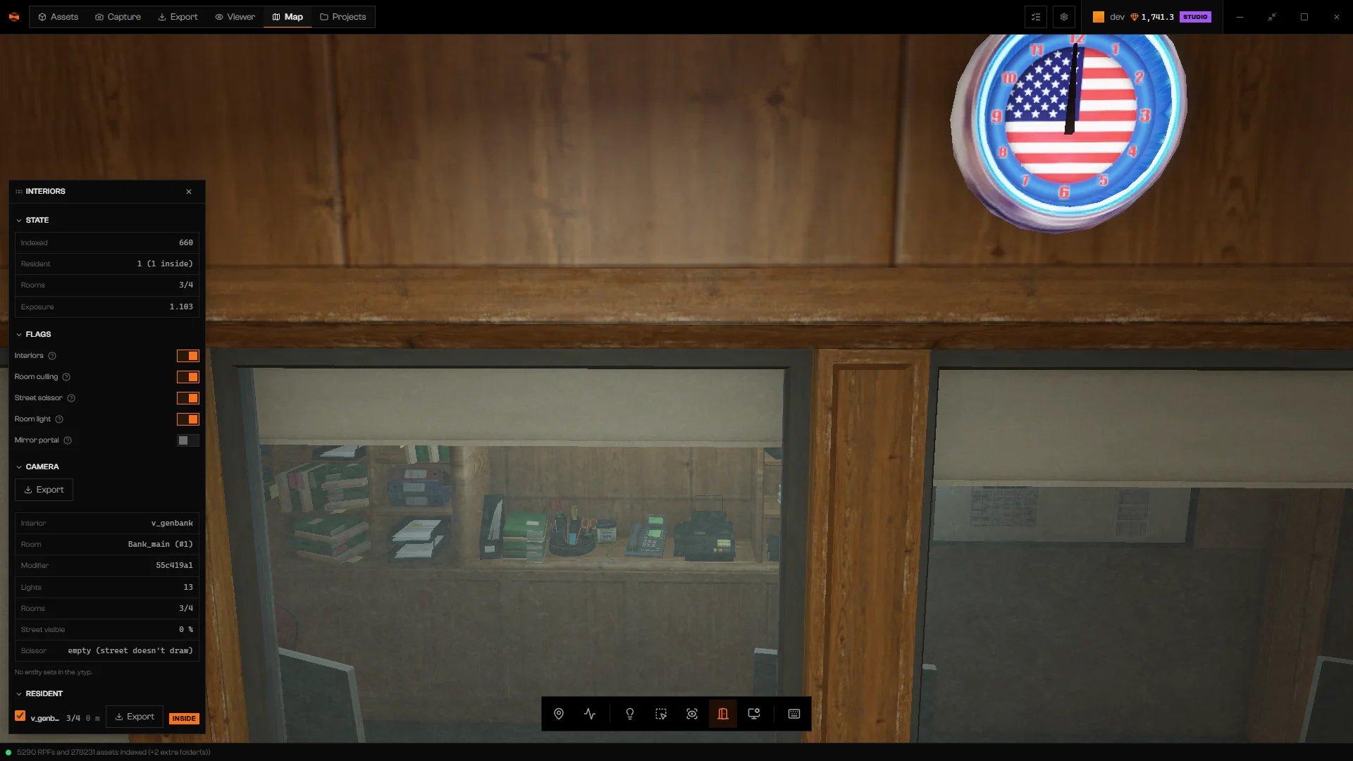 Interiors panel scrolled to Flags, Camera, and Resident, with an Export button for the interior, a note that the .ytyp has no entity sets, and Scissor reading empty