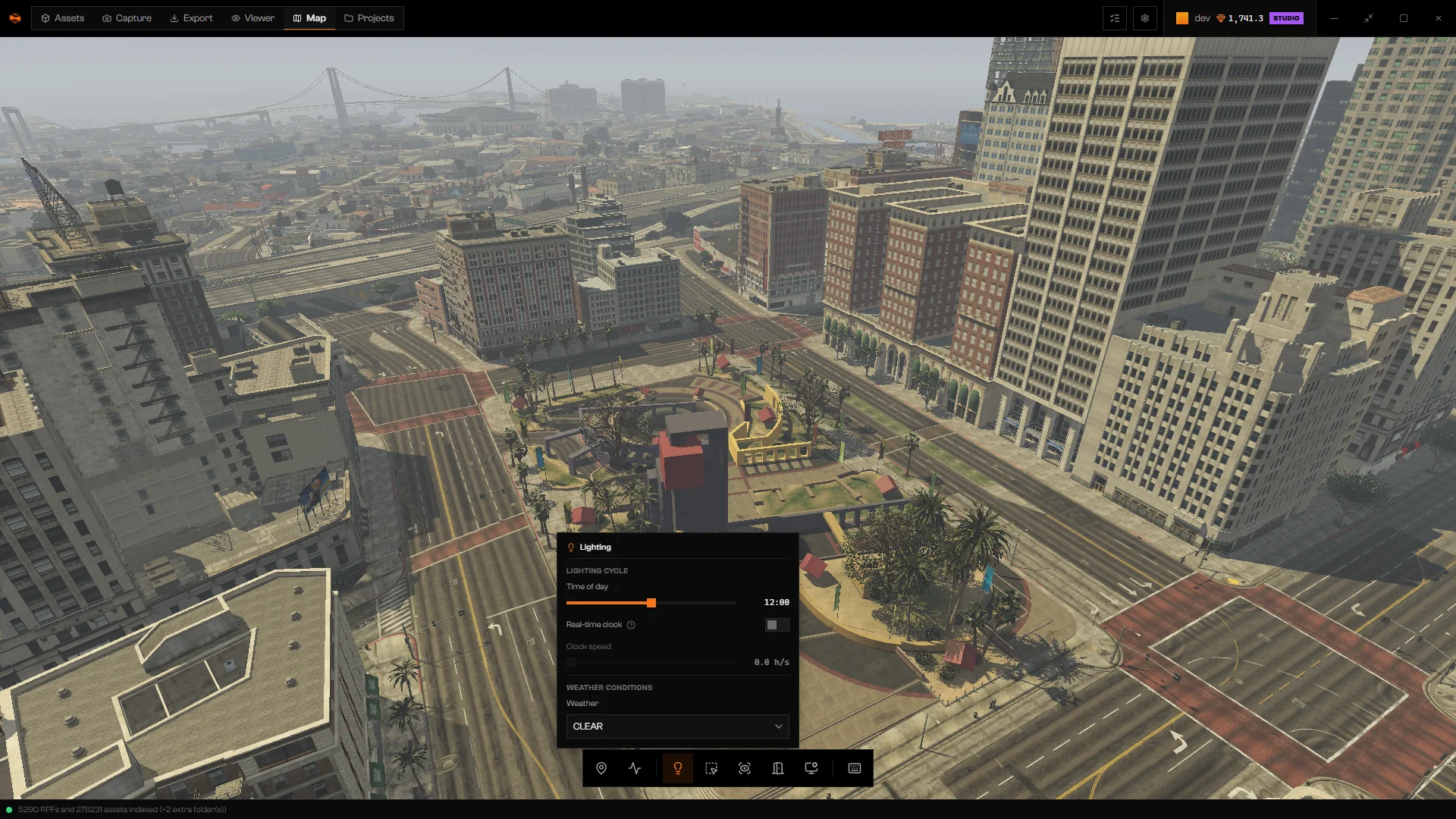 Lighting panel with Time of day at noon over a sunlit Los Santos