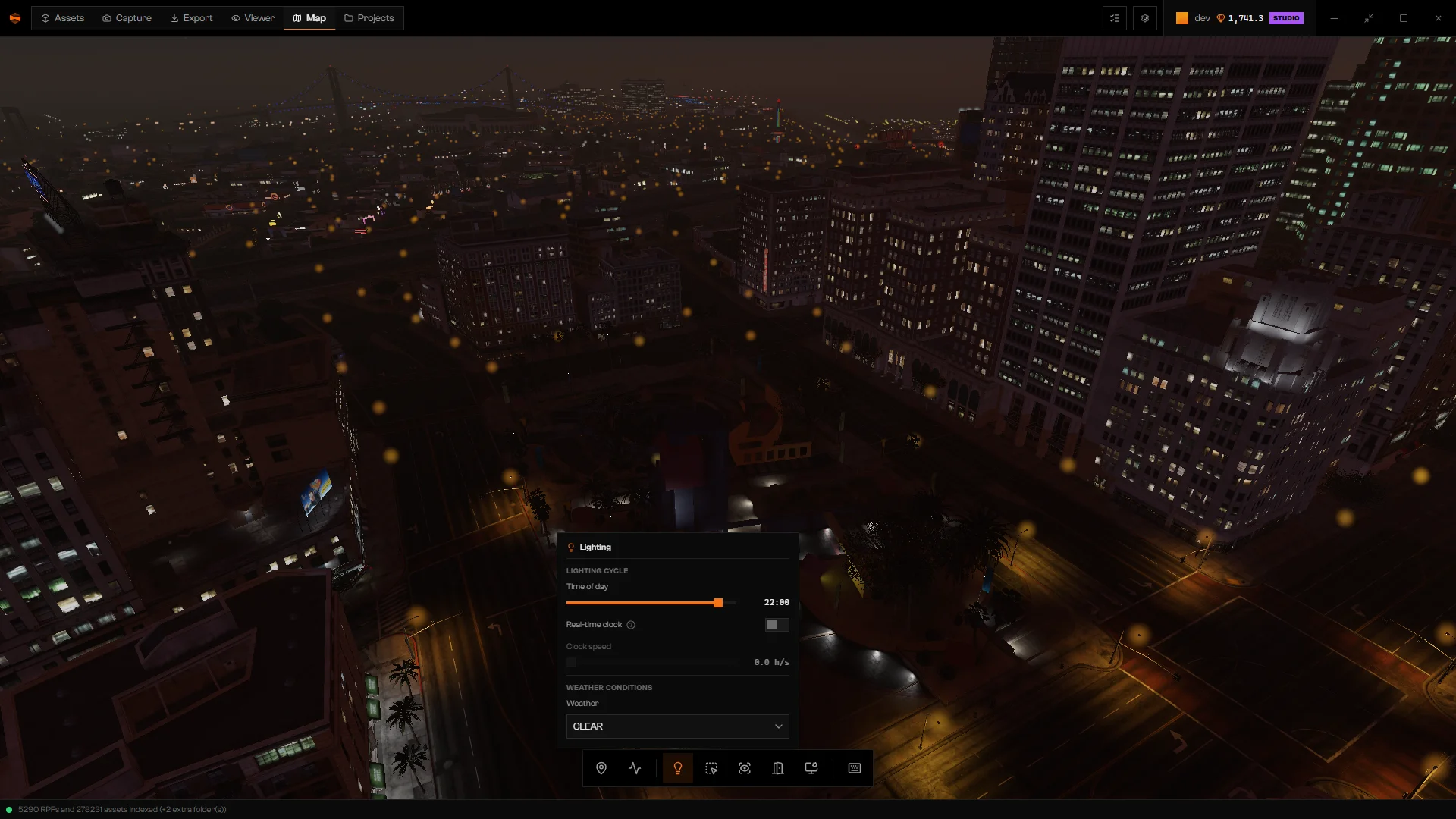 Lighting panel with Time of day at 22:00 over Los Santos at night