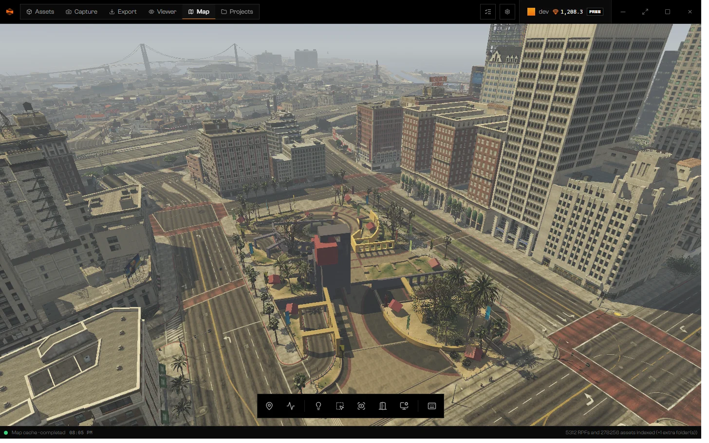 Los Santos downtown seen from above, with the Map dock along the bottom edge