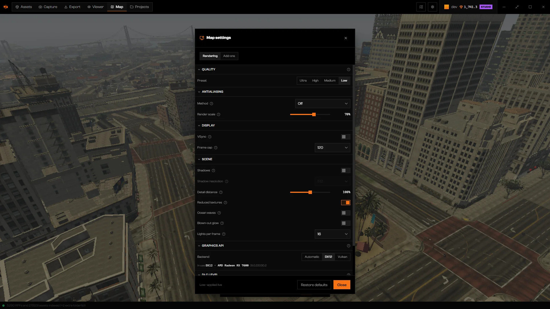Map settings with the Low preset selected, shadows off, and antialiasing Method set to Off