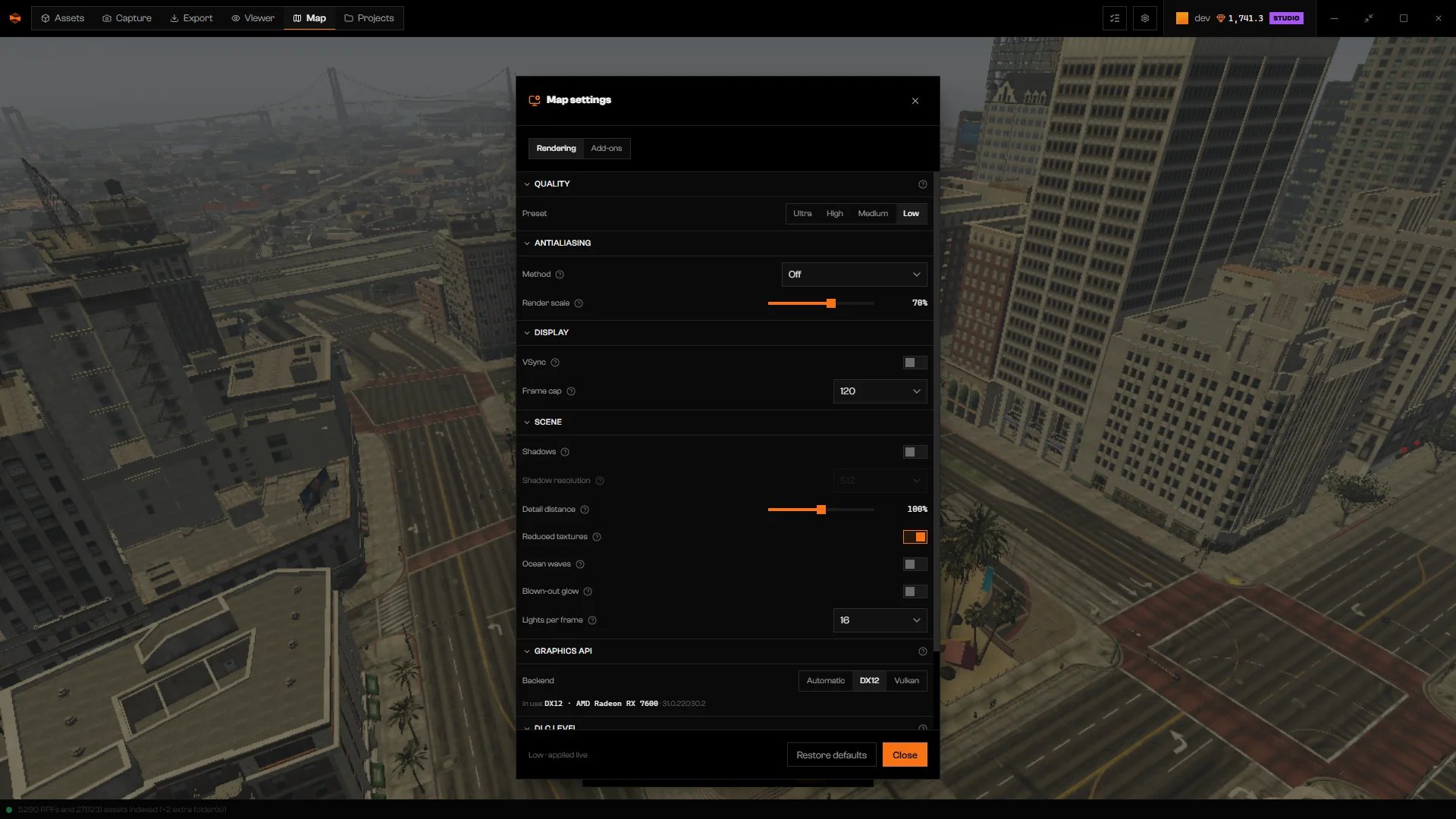 Map settings with the Low preset selected, shadows off, and antialiasing Method set to Off