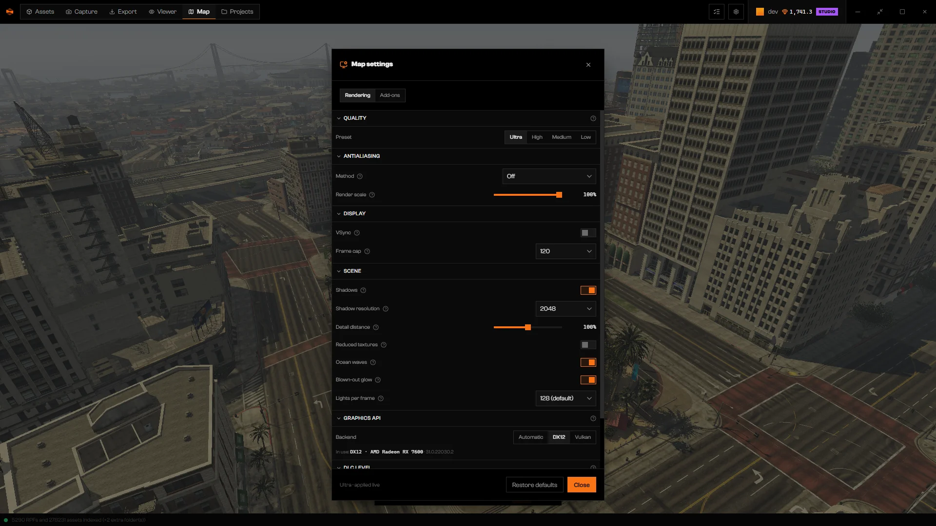 Map settings dialog on the Rendering tab showing Quality presets, Antialiasing, Display, Scene, and Graphics API sections