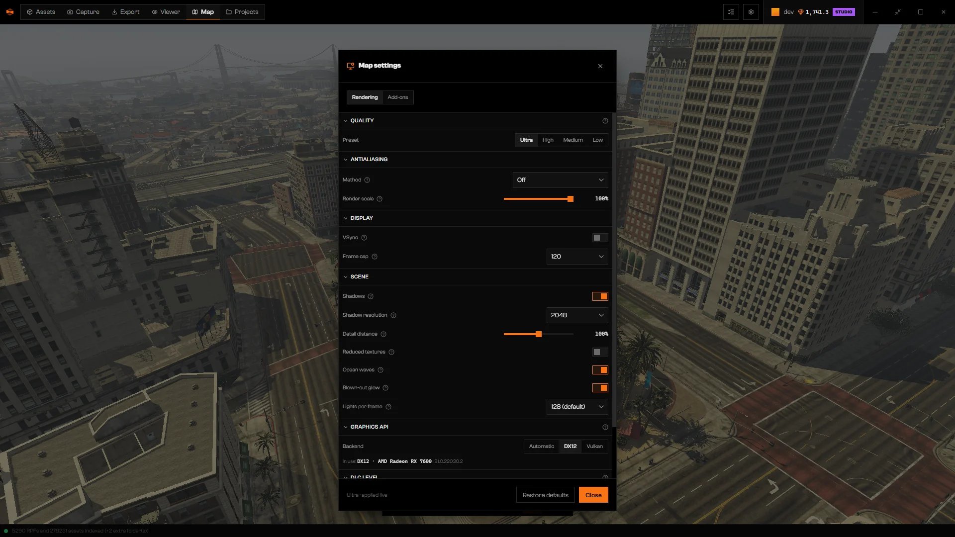 Map settings dialog on the Rendering tab showing Quality presets, Antialiasing, Display, Scene, and Graphics API sections