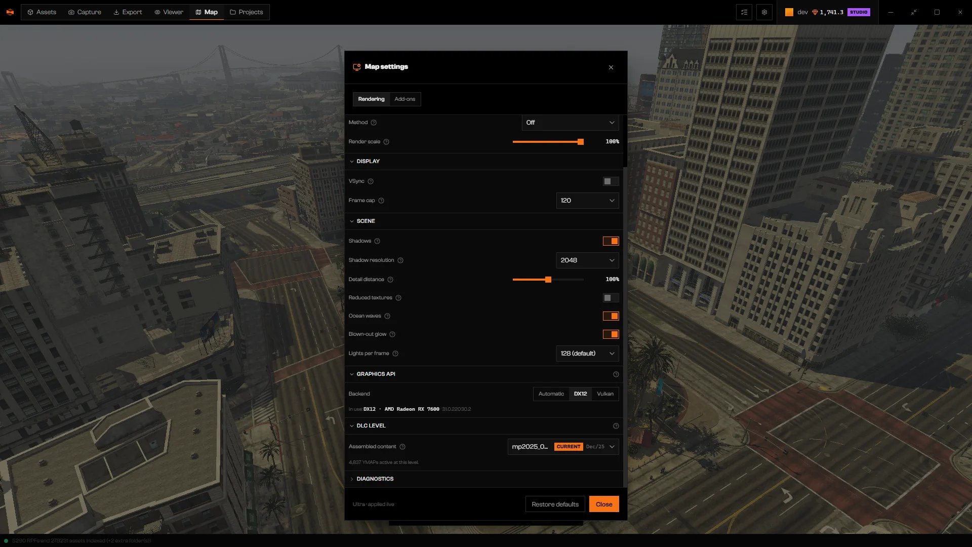 Map settings showing VSync, Frame cap, Shadows, Shadow resolution, Detail distance, Reduced textures, Ocean waves, Blown-out glow, and Lights per frame