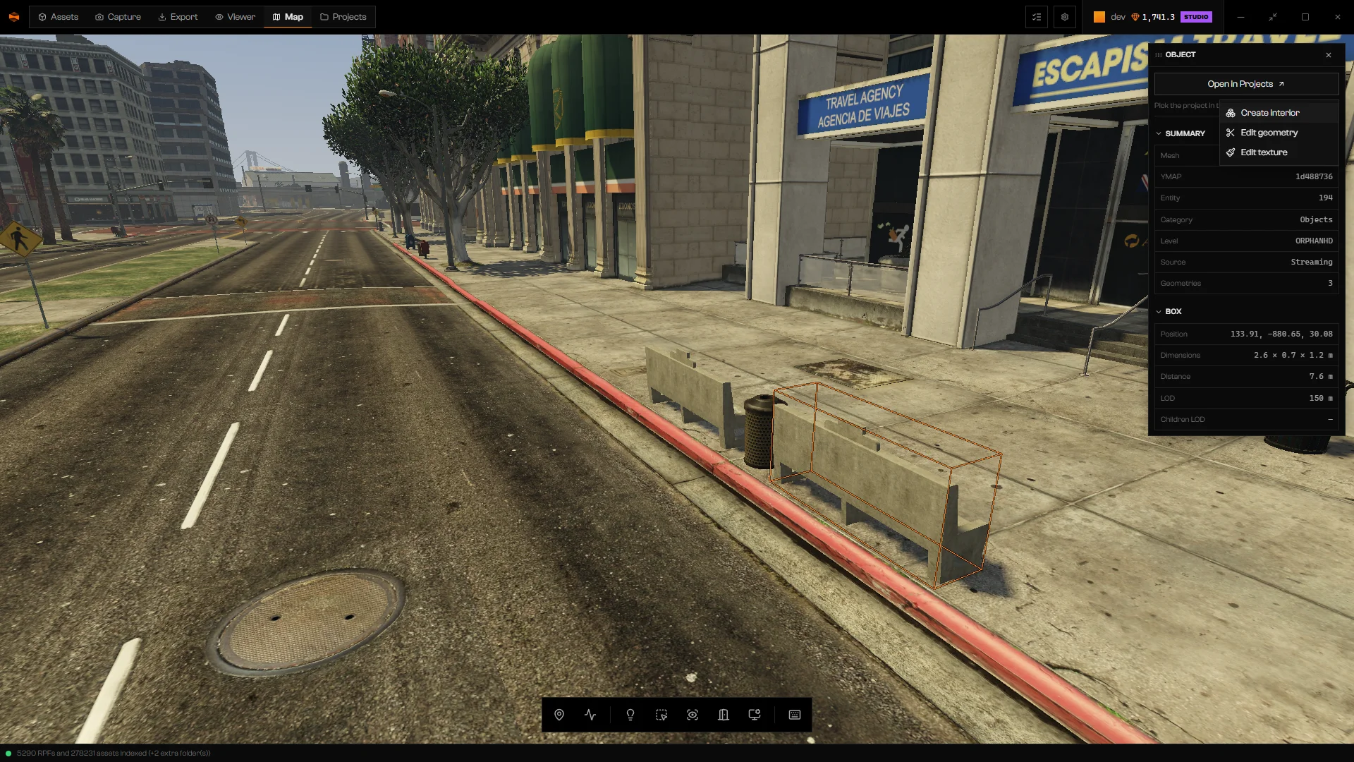 Object card with the Open in Projects menu listing Create interior, Edit geometry, and Edit texture
