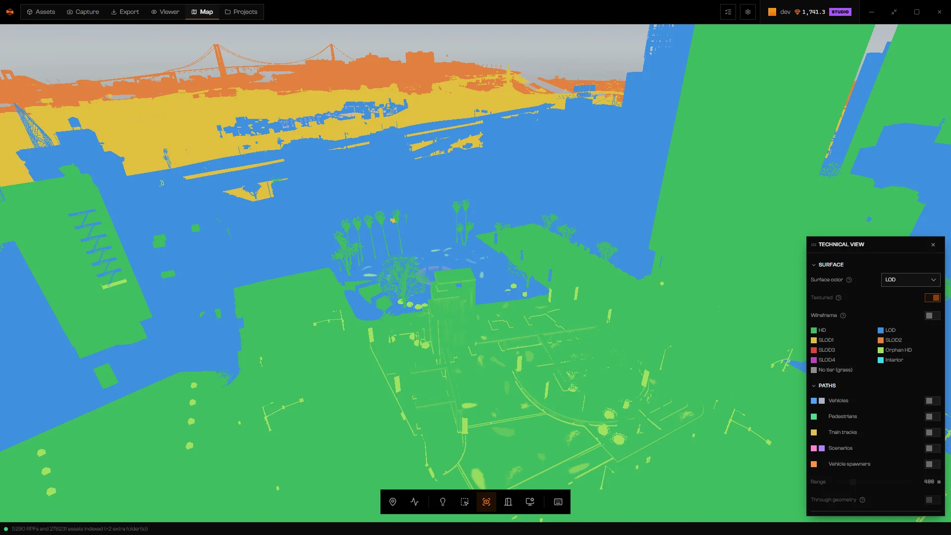 Technical view with Surface color set to LOD, coloring the city by detail tier, and the LOD legend visible