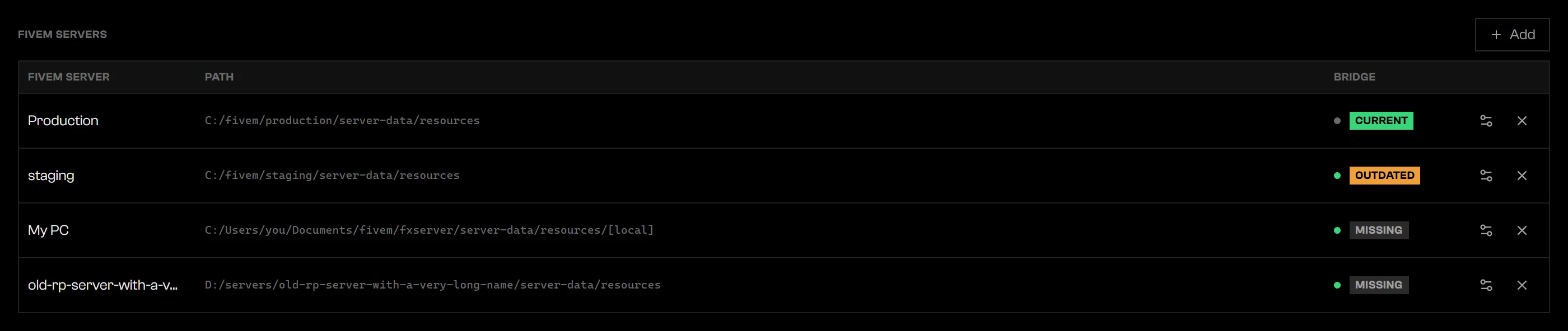 Bridge settings listing FiveM servers with online dots and bridge badges