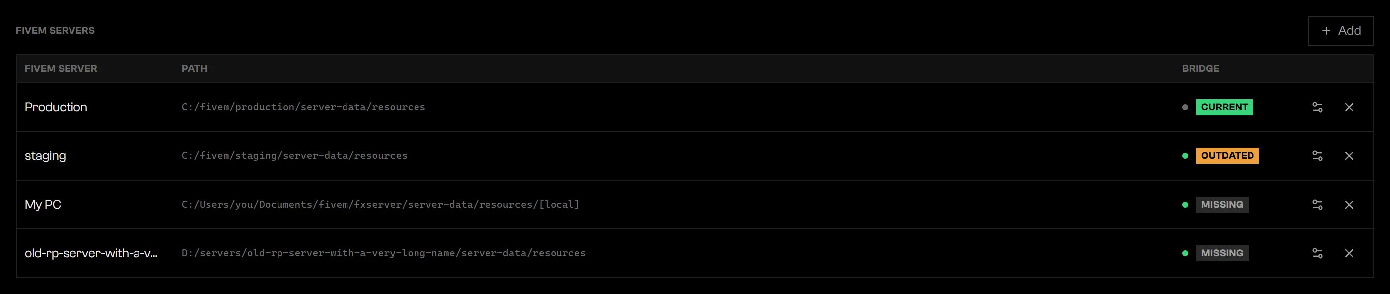 Bridge settings listing FiveM servers with online dots and bridge badges