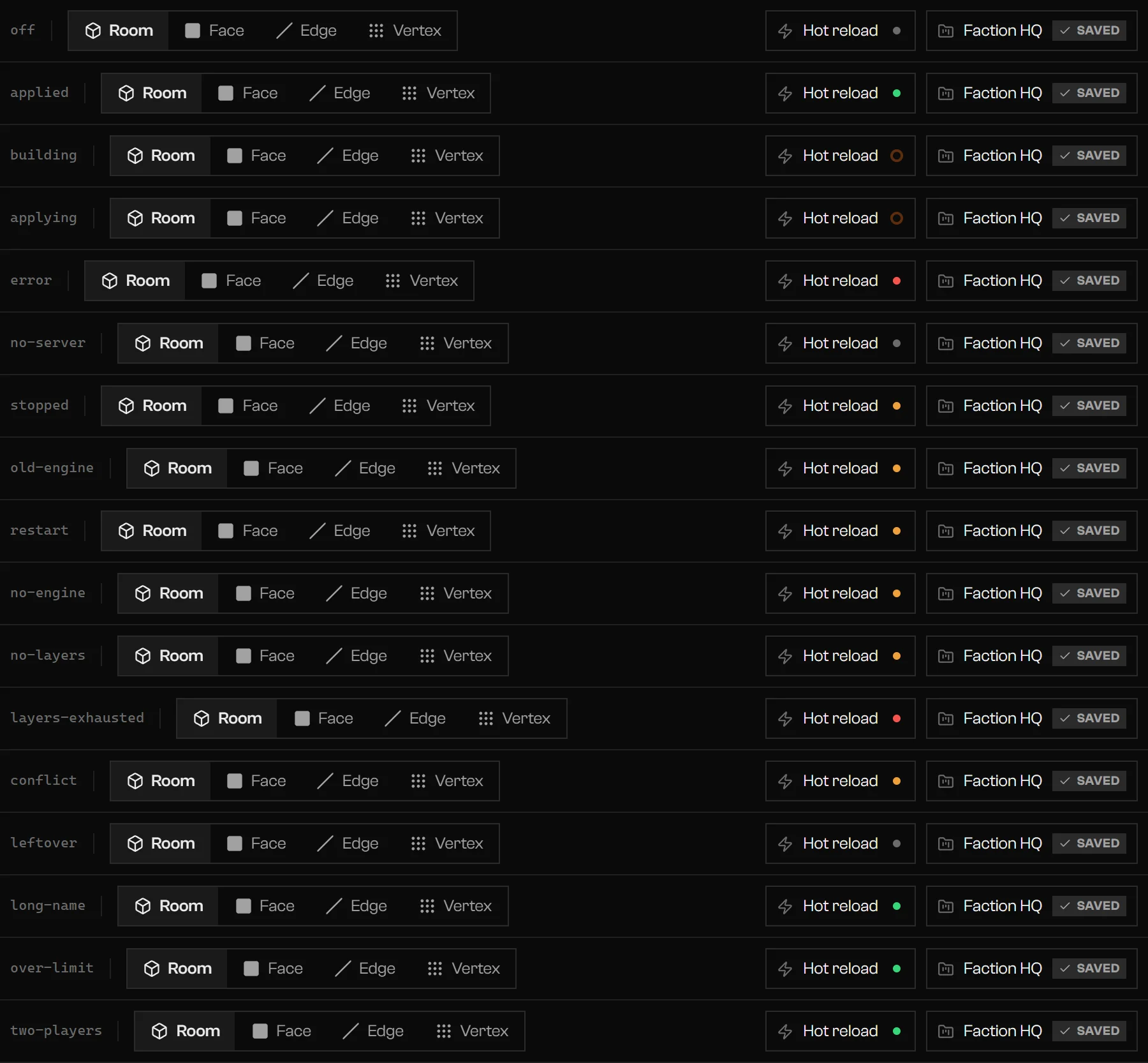 Hot reload pill in its states, from off to applied to server problems