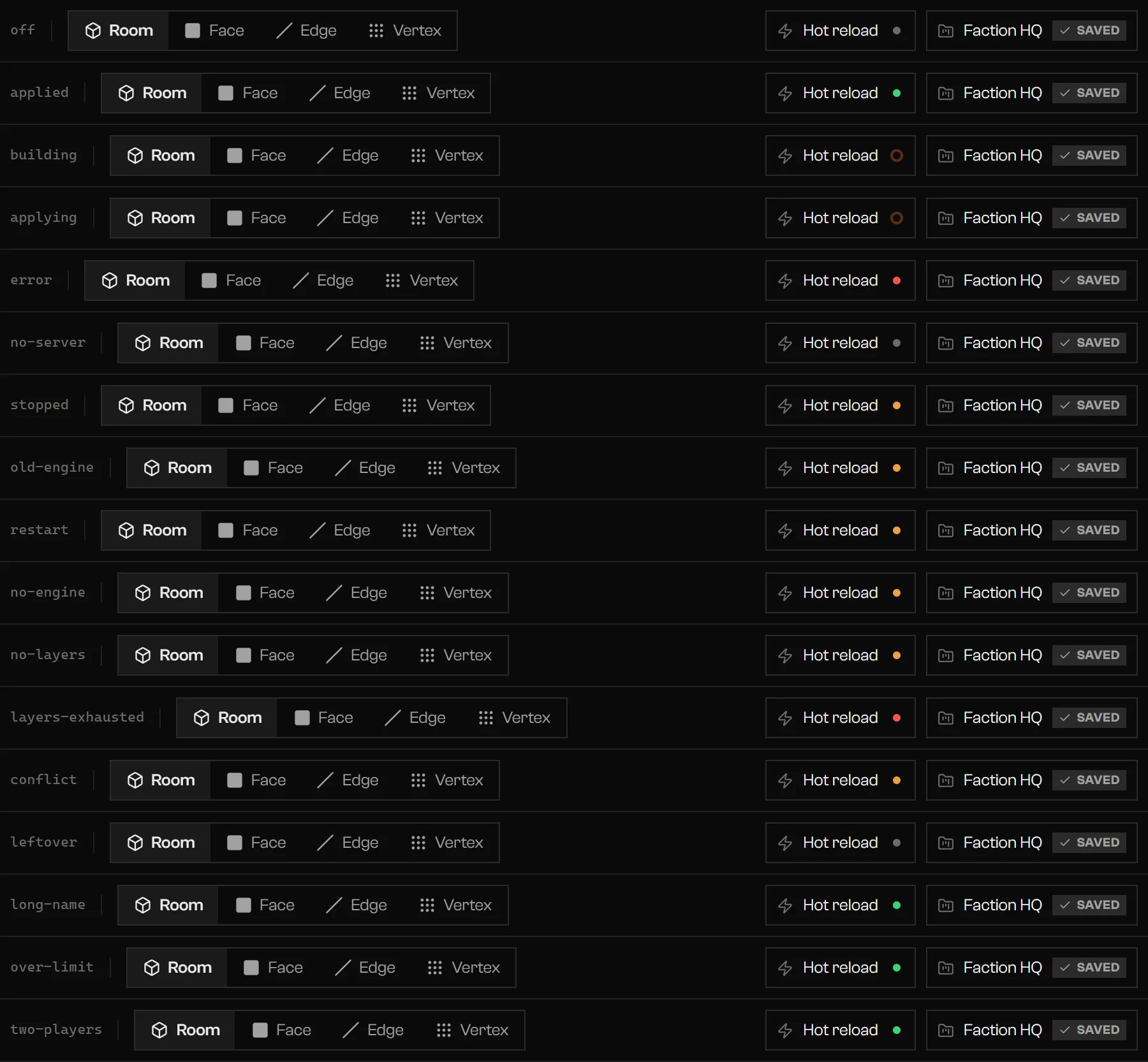 Hot reload pill in its states, from off to applied to server problems