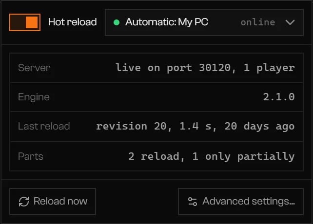 Hot reload popover with the switch on, server My PC online, and Reload now