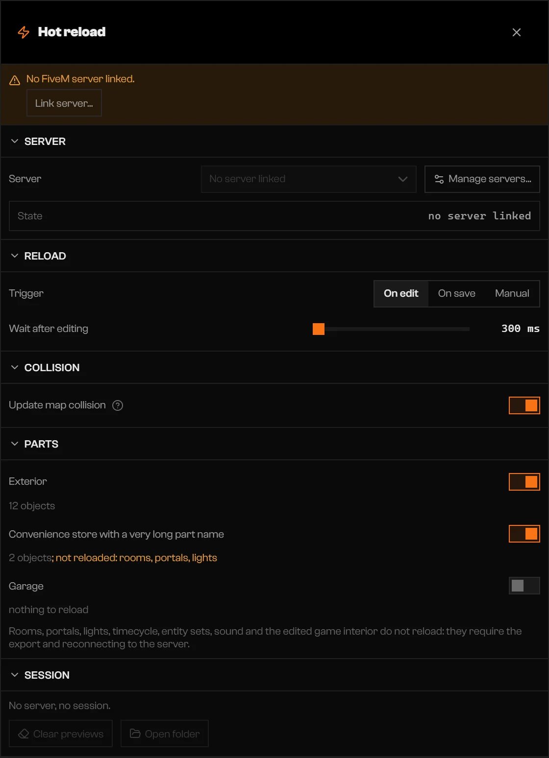 Hot reload settings with Server, Reload, Collision, Parts, and Session sections