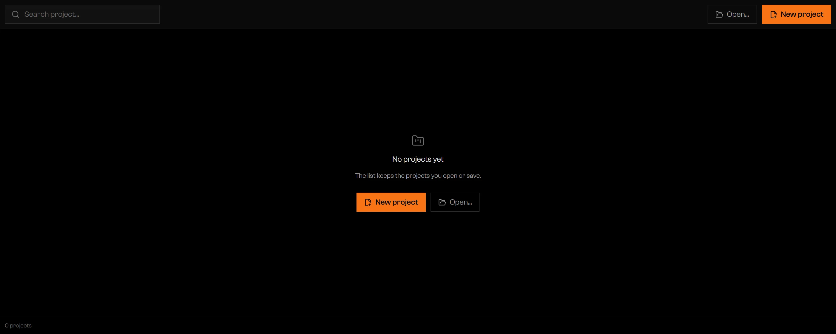 Empty project list with New project and Open buttons