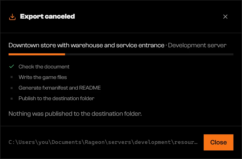 Export canceled dialog saying nothing was published