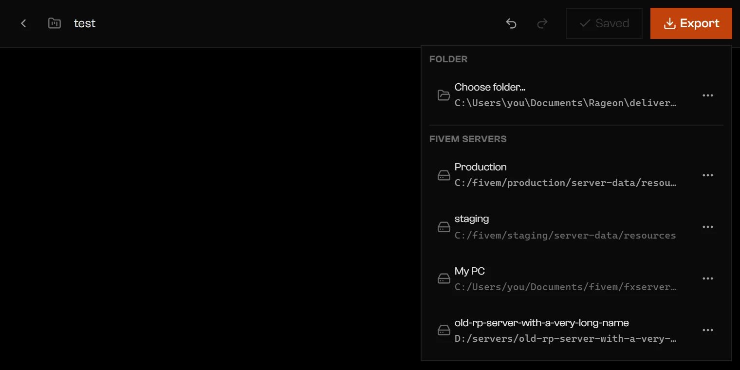 Export menu with Choose folder and a list of FiveM servers