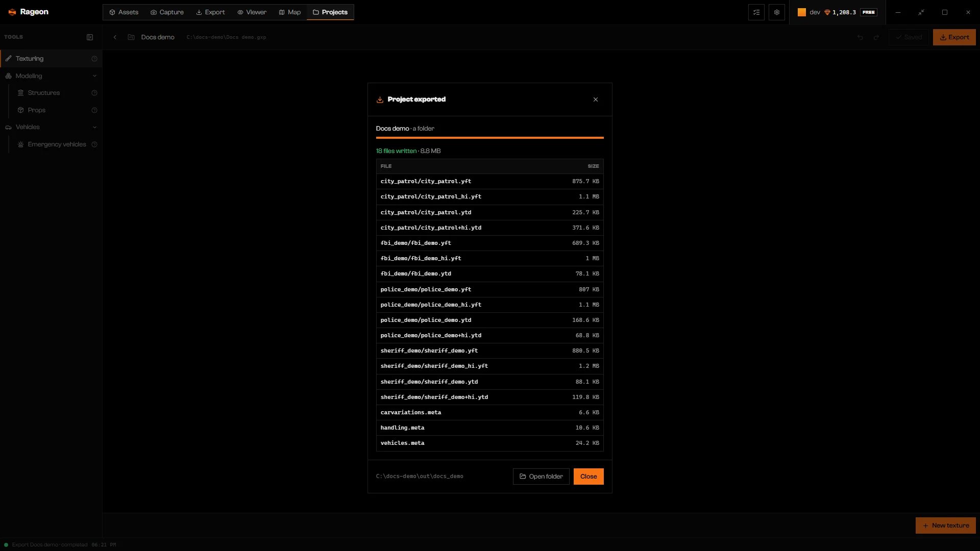 Project exported dialog with a table of files written