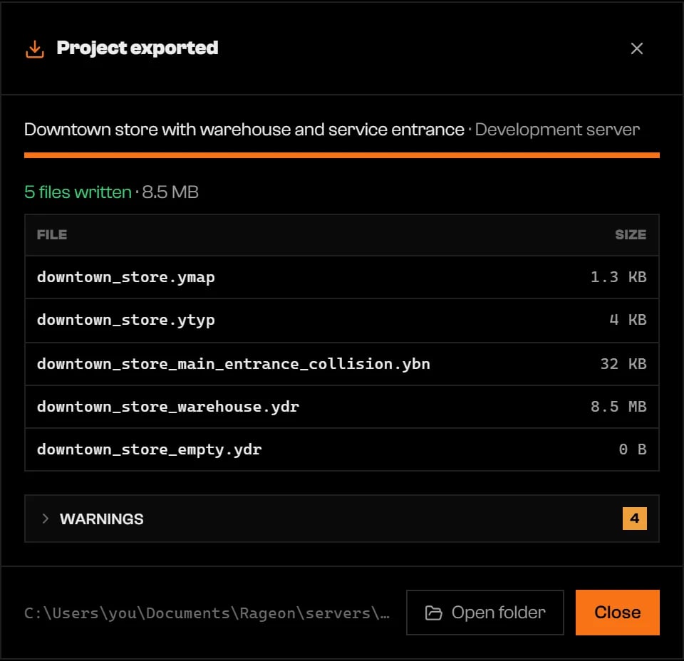 Project exported dialog with a Warnings section showing 4