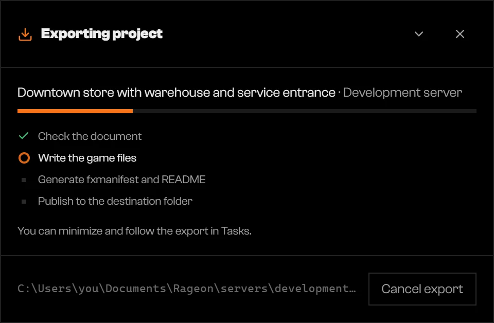 Exporting project dialog with four phases and Cancel export
