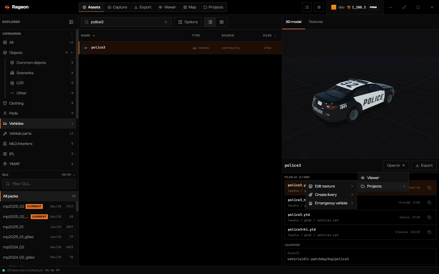 Open in Projects submenu for police3 with Edit texture, Create livery, and Emergency vehicle