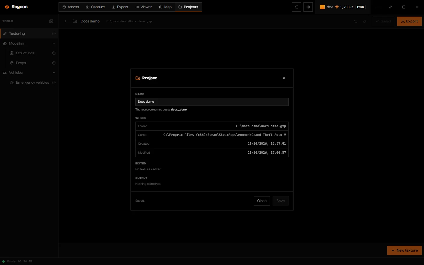 Project sheet with name, resource folder name, and dates
