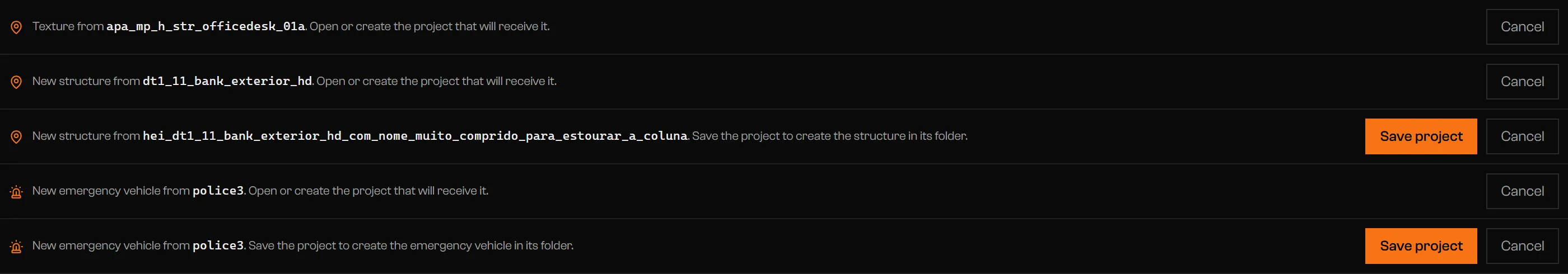 Request bar asking to open or create a project
