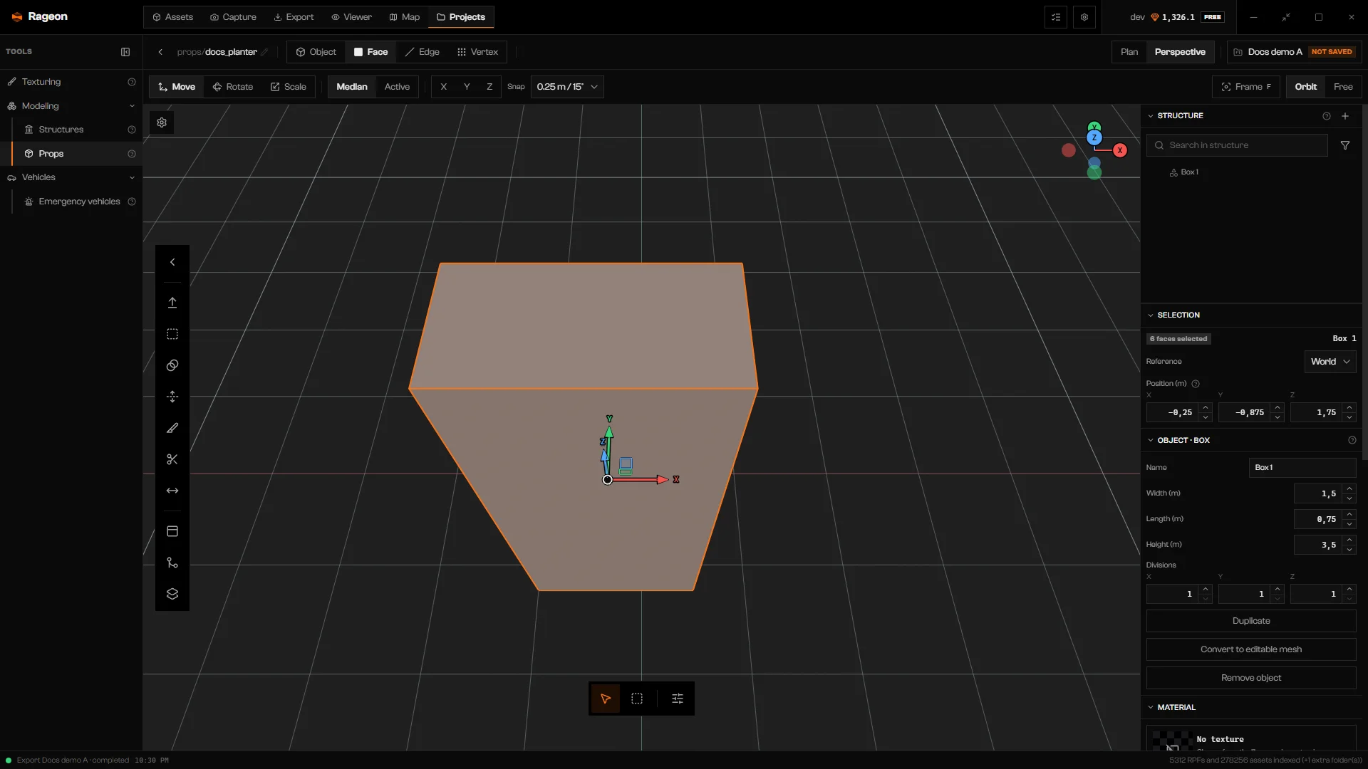 Prop editor with a box on the grid and Object · Box and Material sections in the right column