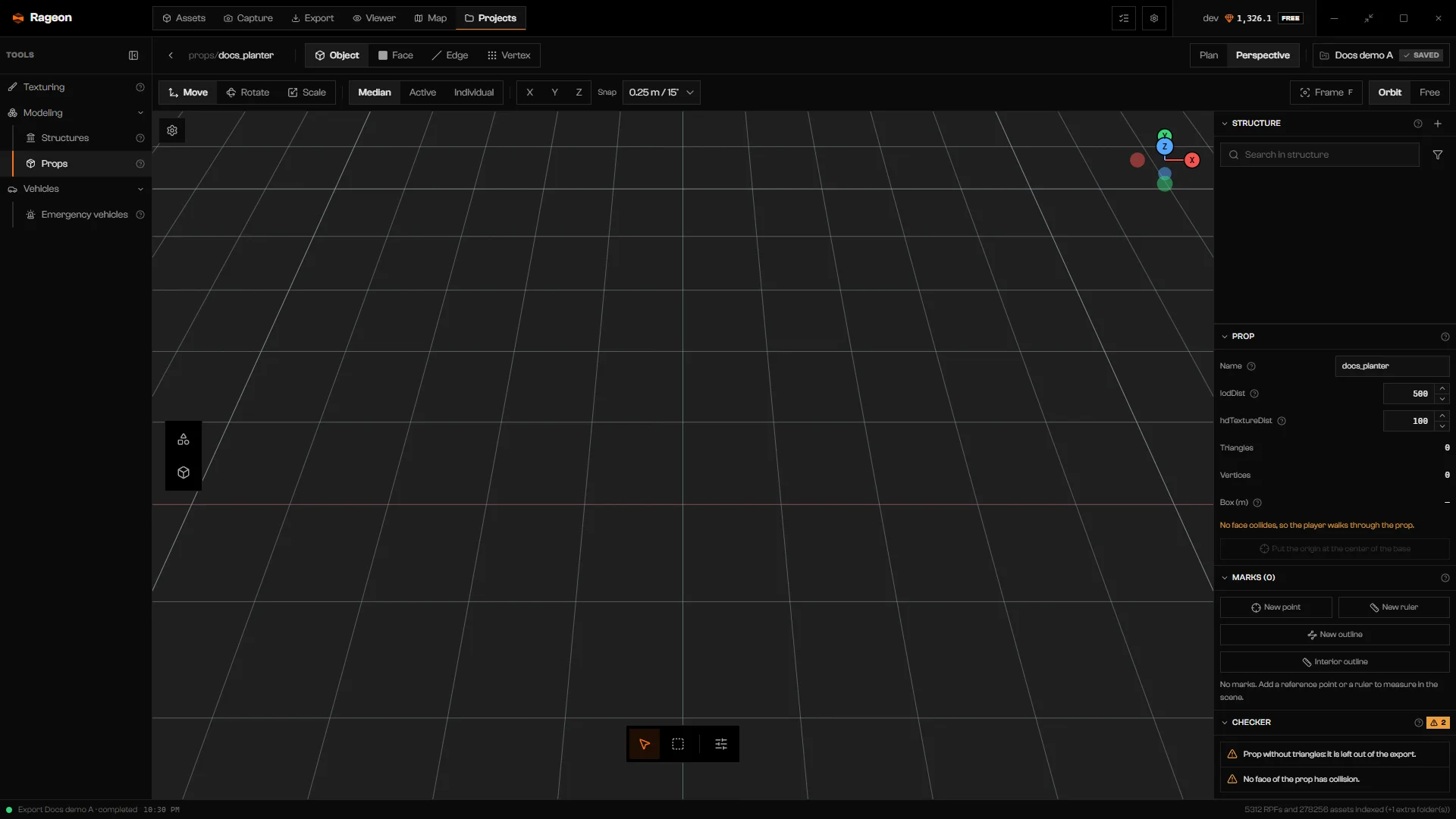 Prop editor on an empty grid with the toolbar, the transform bar, three tool groups on the left, and the details column