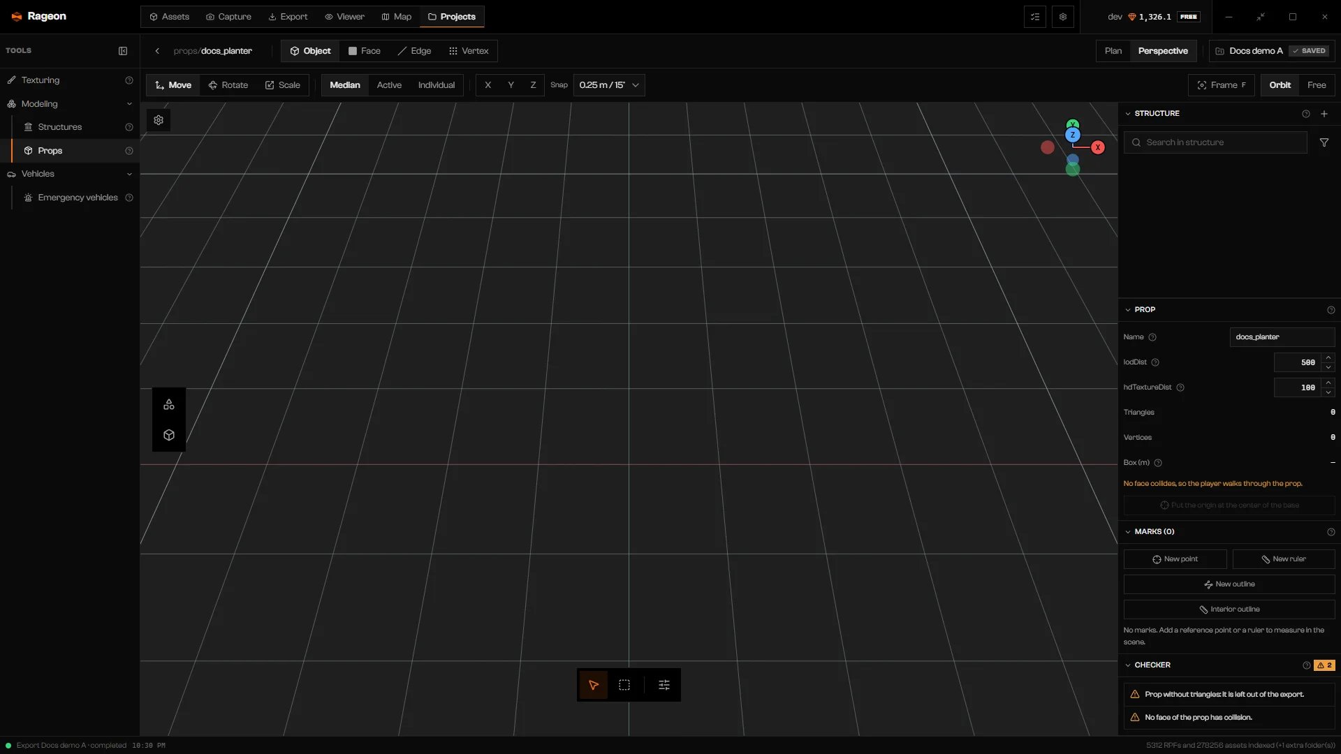 Prop editor on an empty grid with the toolbar, the transform bar, three tool groups on the left, and the details column
