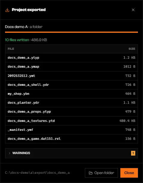 Project exported dialog listing game files including docs_planter.ydr and docs_demo_a_props.ytyp