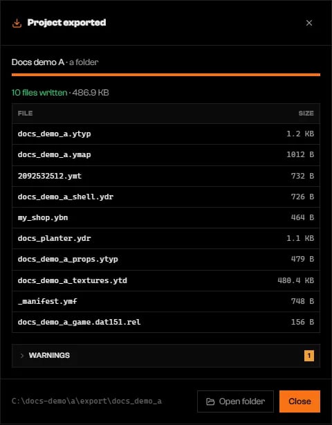 Project exported dialog listing game files including docs_planter.ydr and docs_demo_a_props.ytyp
