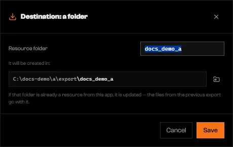 Export to a folder dialog with the Resource folder field