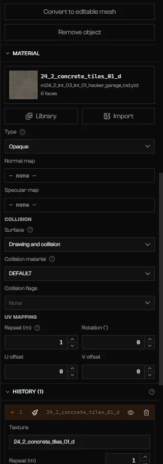 Material section with the texture, Type, Normal map, Specular map, Collision, and UV mapping