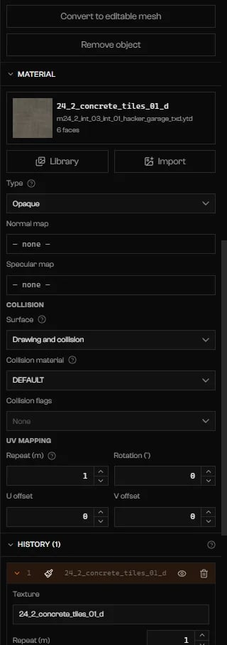 Material section with the texture, Type, Normal map, Specular map, Collision, and UV mapping