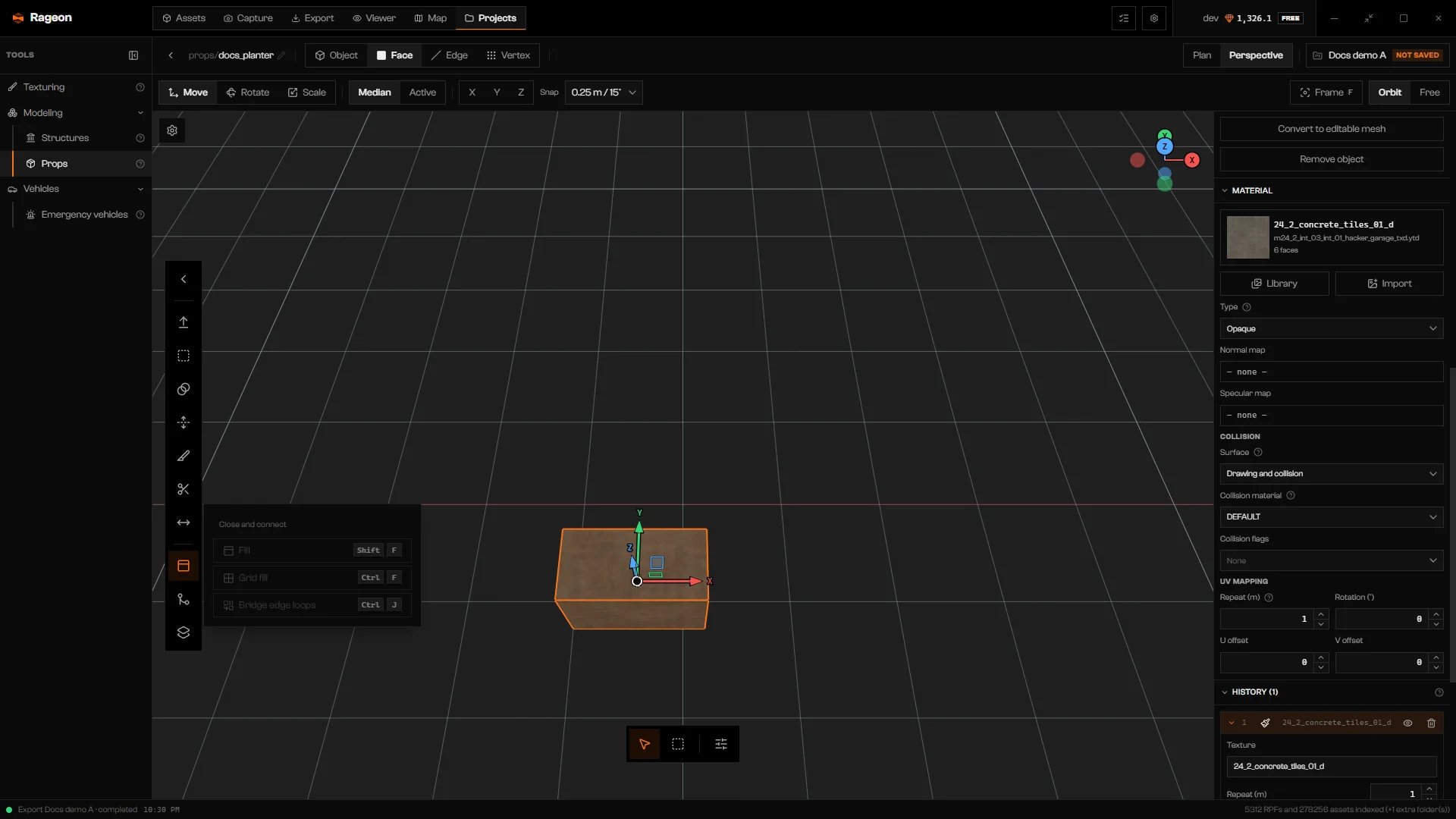 Prop editor in Edit geometry with the Modeling tools dock and the Close and connect popover