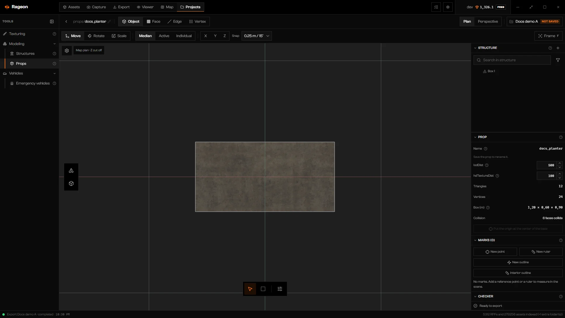 Prop editor in Plan view showing the box from above
