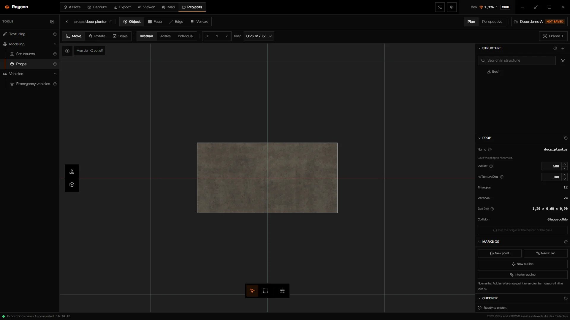 Prop editor in Plan view showing the box from above
