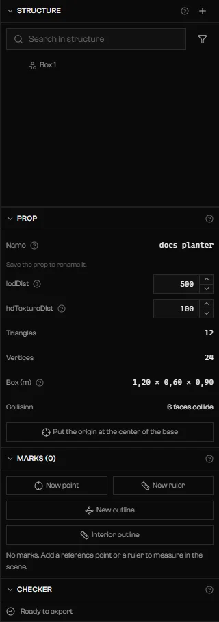 Prop section with Name, lodDist, hdTextureDist, Triangles, Vertices, Box, Collision, and the origin button