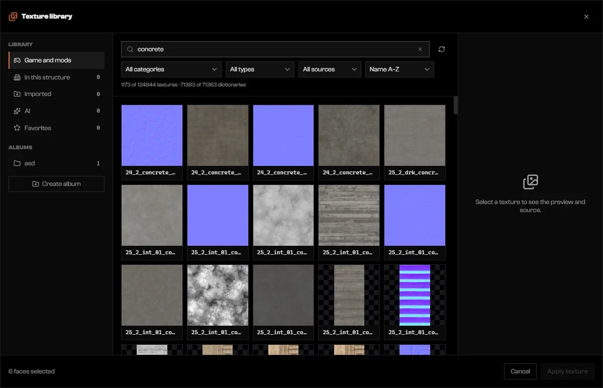 Texture library on Game and mods with a search field and a grid of textures