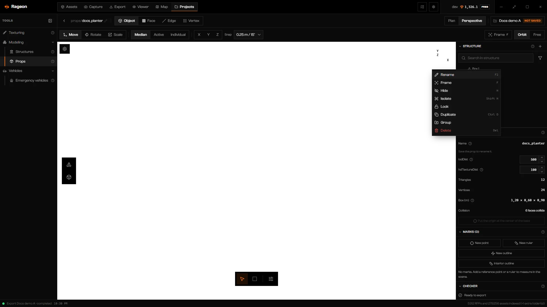 Structure tree with an object row menu listing Rename, Frame, Hide, Isolate, Lock, Duplicate, Group, and Delete