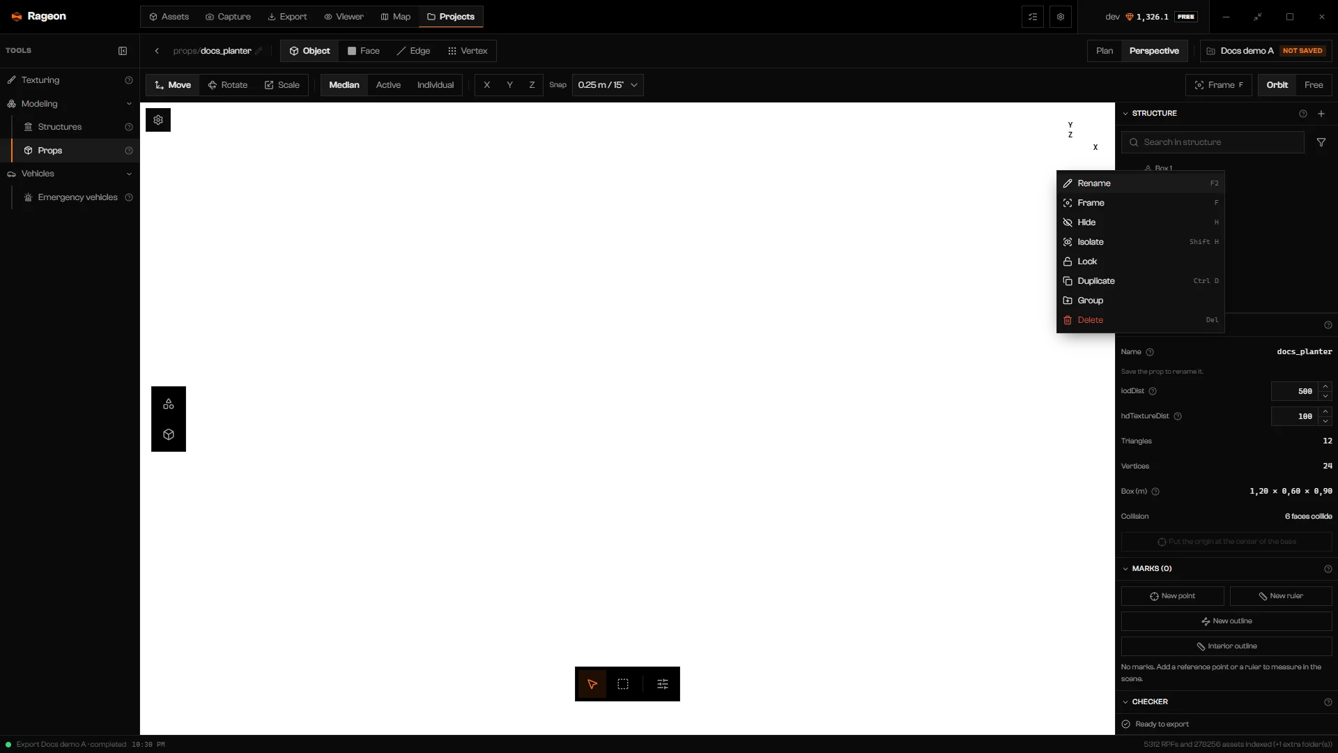 Structure tree with an object row menu listing Rename, Frame, Hide, Isolate, Lock, Duplicate, Group, and Delete