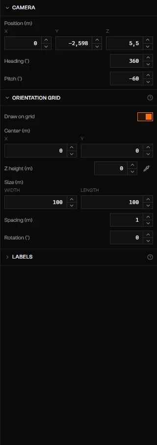 View panel with Camera, Orientation grid, and Labels sections