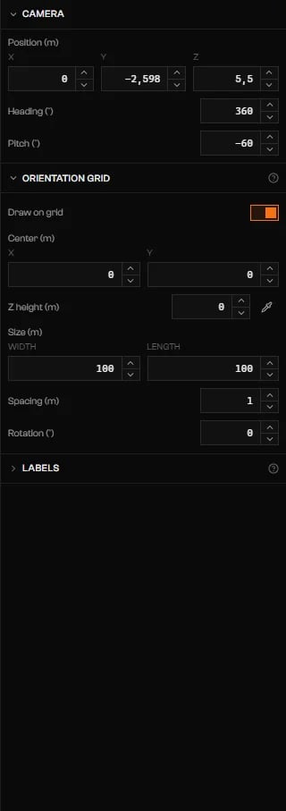 View panel with Camera, Orientation grid, and Labels sections