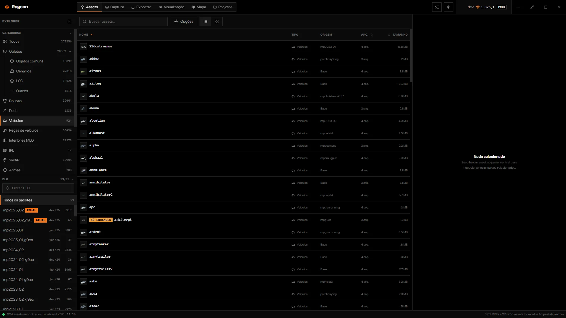 Lista de Veículos com a lista de categorias e a lista de DLC com datas de lançamento, nada selecionado